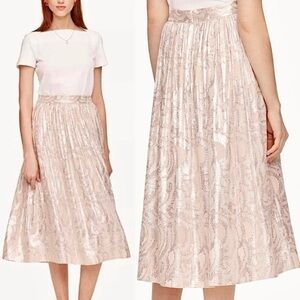 Kate Spade Silk Metallic Midi Skirt L Pink Chiffon Pleated Pockets Romantic Chic